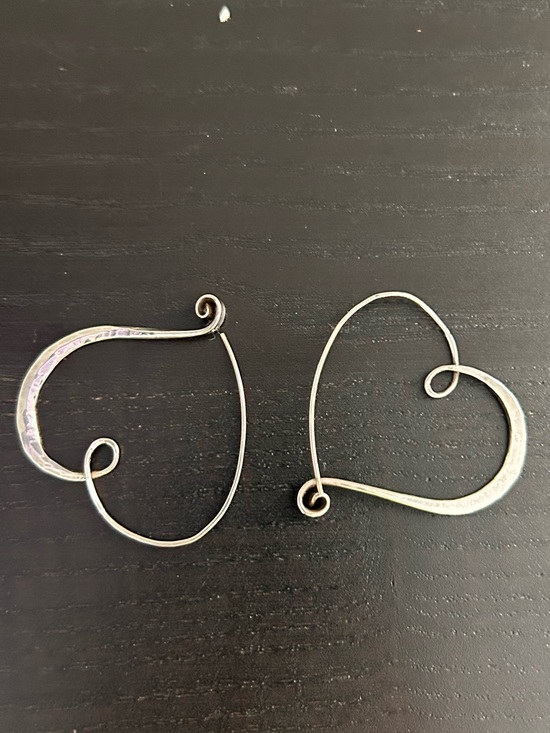 Vintage Jewelry - Handcrafted & Hammered Sterling Silver Heart Swirl Shaped Wire Hoop Earrings